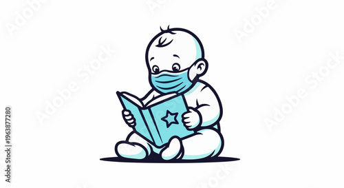 A baby wearing a face mask reads a book with a star on its cover