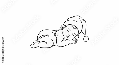 A baby wearing a soft hat, peacefully sleeping on its side