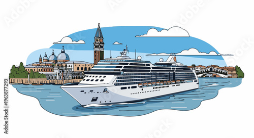 A grand cruise ship glides past iconic canal-side architecture and a bridge