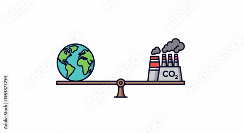 A balanced scale shows a planet on one side and a factory emitting CO2 on the other