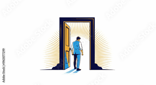 A man in a suit walks through an open door with radiating light