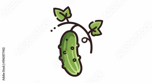 A green cucumber hangs from a vine with leaves