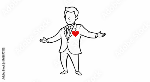 A man in a suit with outstretched arms and a red heart on his chest