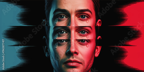 Surreal split portrait of crying man with glitch effect, blue and red neon duotone digital art on black background, mental health concept