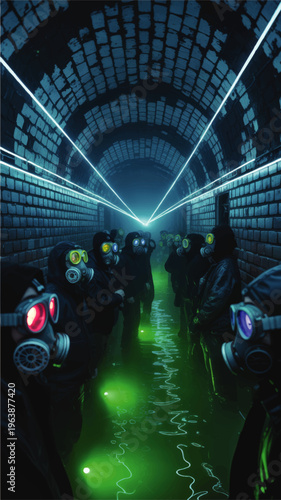 Cyberpunk gas mask gang in neon sewer tunnel with green toxic water and blue laser lights, dystopian sci fi underground illustration