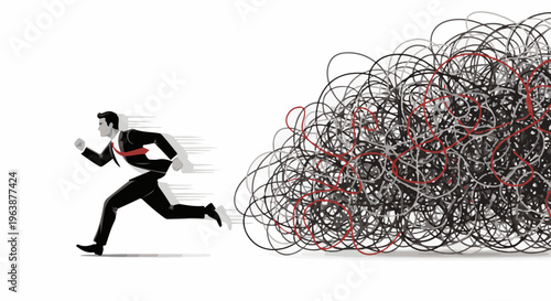 A man in a suit runs away from a chaotic mass of tangled lines and loops