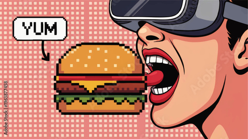 Retro pop art woman in VR headset tasting pixel burger, digital fast food concept, virtual reality gaming and cyberpunk food illustration