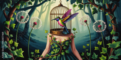 Surreal forest woman with birdcage head and colorful hummingbird, whimsical fantasy nature illustration with dandelions and ivy
