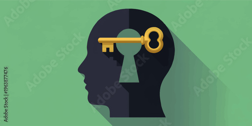 Golden key unlocking human mind silhouette, knowledge, creativity and ideas concept, flat design illustration on green background