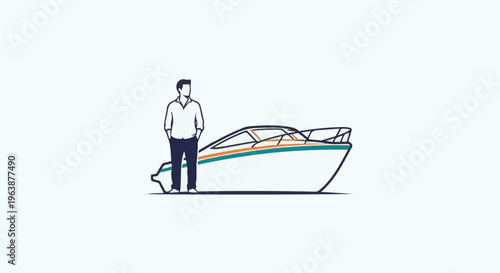 A man stands beside a sleek, modern boat with colored trim
