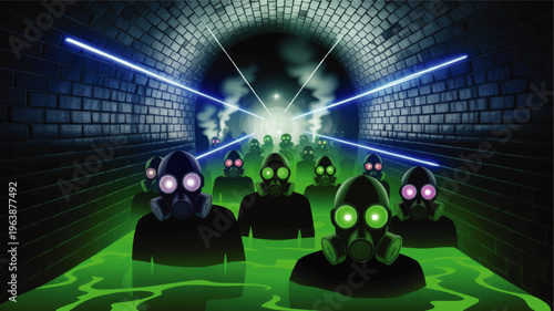 Toxic sewer apocalypse with gas mask figures in glowing green sludge and laser lights, dystopian sci fi horror illustration