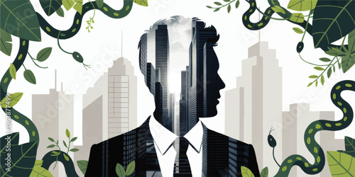 Double exposure business man silhouette with modern city skyline, green jungle vines and snakes symbolizing corporate risk and nature