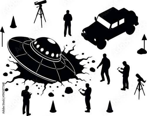 UFO crash scene with investigators and scientific equipment nearby