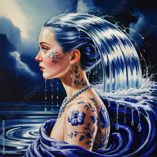 Surreal water goddess portrait with flowing blue hair, floral tattoos and ocean waves, fantasy art illustration for mystical design