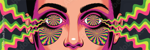 Psychedelic vector portrait with hypnotic neon eyes and colorful trippy waves, surreal pop art illustration background