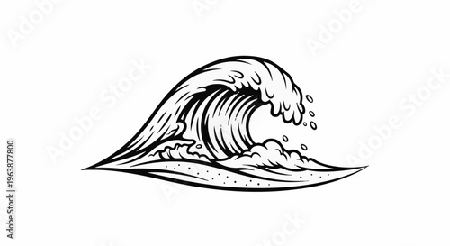 Black and white line drawing of a powerful, cresting ocean wave with spray