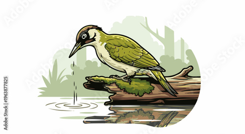 A green woodpecker sips water from a pond while perched on a mossy log