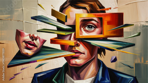 Surreal abstract portrait of young woman with fragmented geometric face, modern colorful cubist illustration of shattered identity