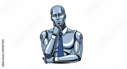 A pixelated, metallic robot with a blue tie and white shirt, deep in thought