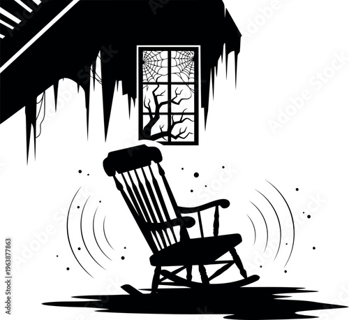 Creepy rocking chair outside haunted house with icicles and tree branches