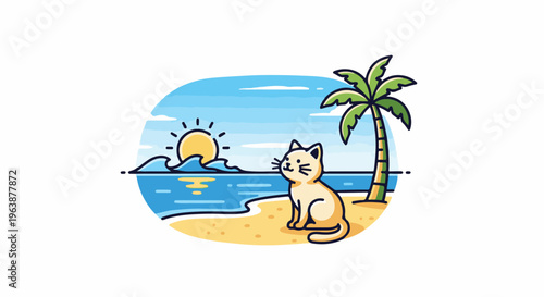 A cute cartoon cat sits on a sandy beach by the ocean under a palm tree