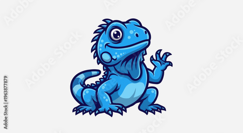 A cute cartoon blue iguana with big eyes waves a happy greeting