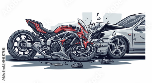 A pixelated red and silver motorcycle crashed head-on into a white car