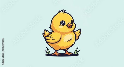 A cute cartoon chick stands on green grass against a light blue background