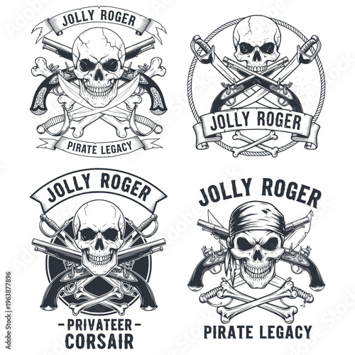 Картината върху платно T-shirt design vector image of a pirate skull head with a gun in the background