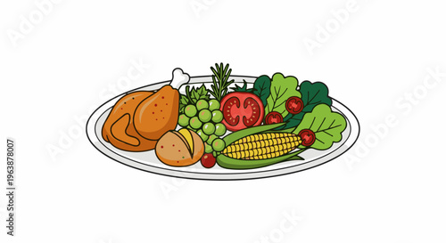 A platter of roasted chicken, potatoes, corn, grapes, tomatoes, and salad