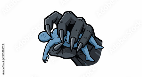 A menacing dark hand clutches a small blue humanoid figure tightly