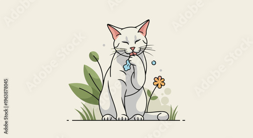 A playful white cat is grooming itself in a garden setting with flowers and plants