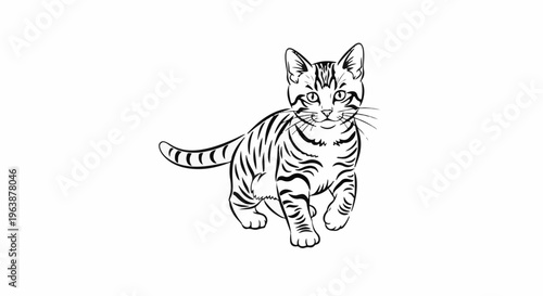 A playful tabby kitten walks forward with its tail curved upwards