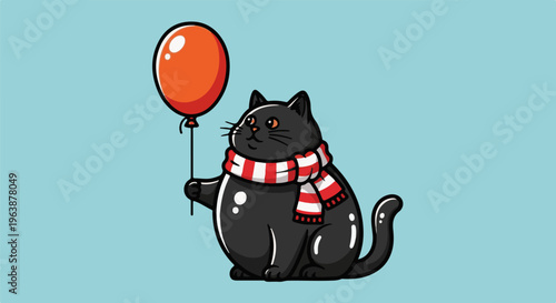 A plump black cat wearing a red and white striped scarf holds an orange balloon