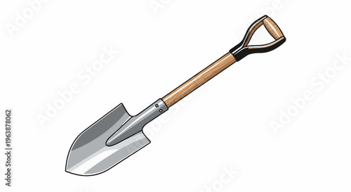 A pointed metal shovel with a wooden handle and a curved grip