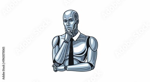 A polished, thoughtful robot in a shirt and tie ponders a problem