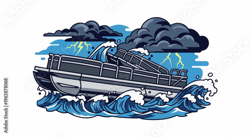 A pontoon boat is tossed by stormy seas with lightning striking