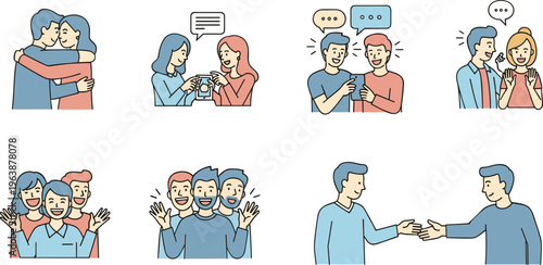 Friendship and Social Interaction Set Featuring Hugging Talking Greeting and Happy Group Moments Flat Vector Illustration Isolated on White Background