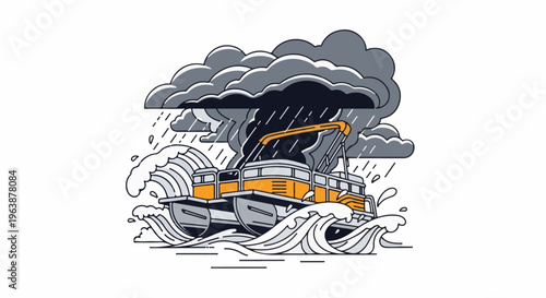 A pontoon boat navigating stormy seas with heavy rain