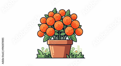 A potted arrangement of bright orange flowers with green leaves and stems