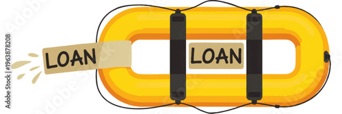 Yellow lifebuoy rescue ring with loan text metaphor, financial safety aid, debt help and crisis support, flat vector illustration