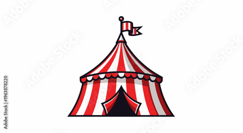 A red and white striped tent with a decorative flag on top