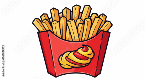 A red carton filled with golden fries and a dollop of yellow and red sauce