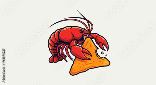A red cartoon lobster holds and eats a cheesy chip