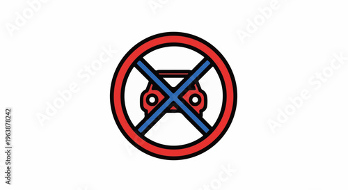 A red circle with a red car silhouette and blue X marks