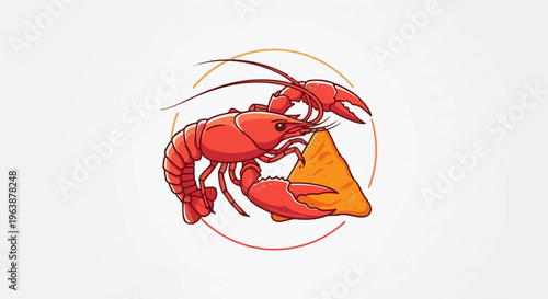 A red crawfish holds a triangular orange chip within a circular outline