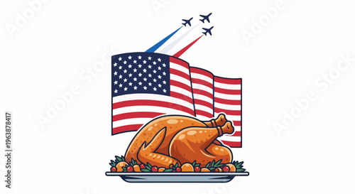 A roasted turkey sits on a platter in front of a waving flag with jets flying
