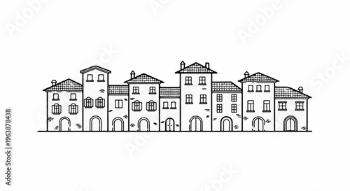 A row of charming, hand-drawn buildings with tiled roofs