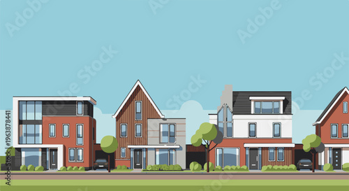 A row of modern, pixelated houses in a suburban landscape