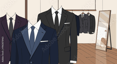 A row of suits and a mirror in a room